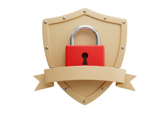 Isolated Golden Security Shield with Red Padlock and Ribbon 3D Illustration