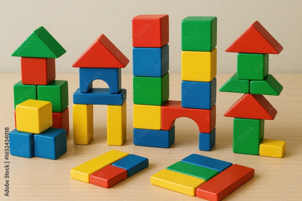 Aufkleber educational rainbow-colored building blocks arranged in creative geometric patterns for early learni