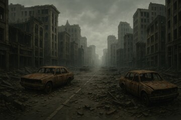 Obraz premium Dystopian Urban Wasteland After Global Catastrophe with Abandoned Vehicles