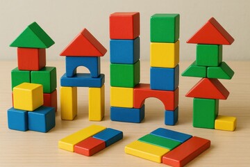 Obraz premium Educational rainbow-colored building blocks arranged in creative geometric patterns for early learning