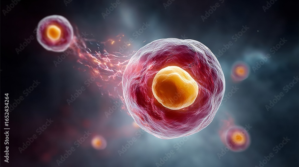 Aufkleber cluster of red and yellow cells are shown in a dark background. the cells are in various stages of d