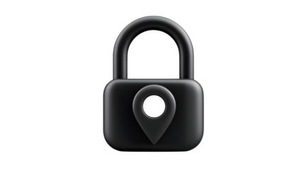 Filled black icon of padlock with a GPS pin inside, isolated on white
