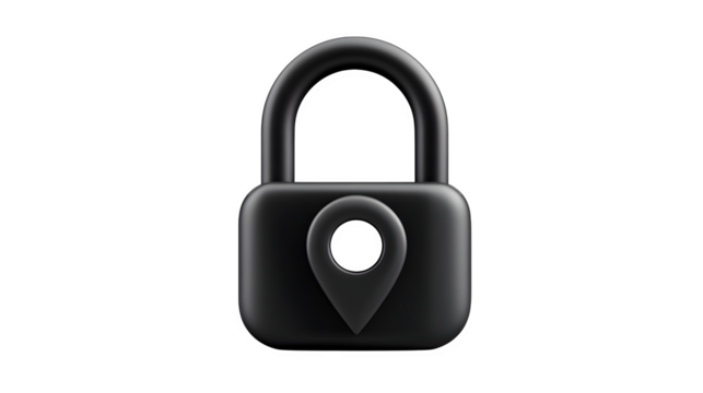 Filled black icon of padlock with a GPS pin inside, isolated on white