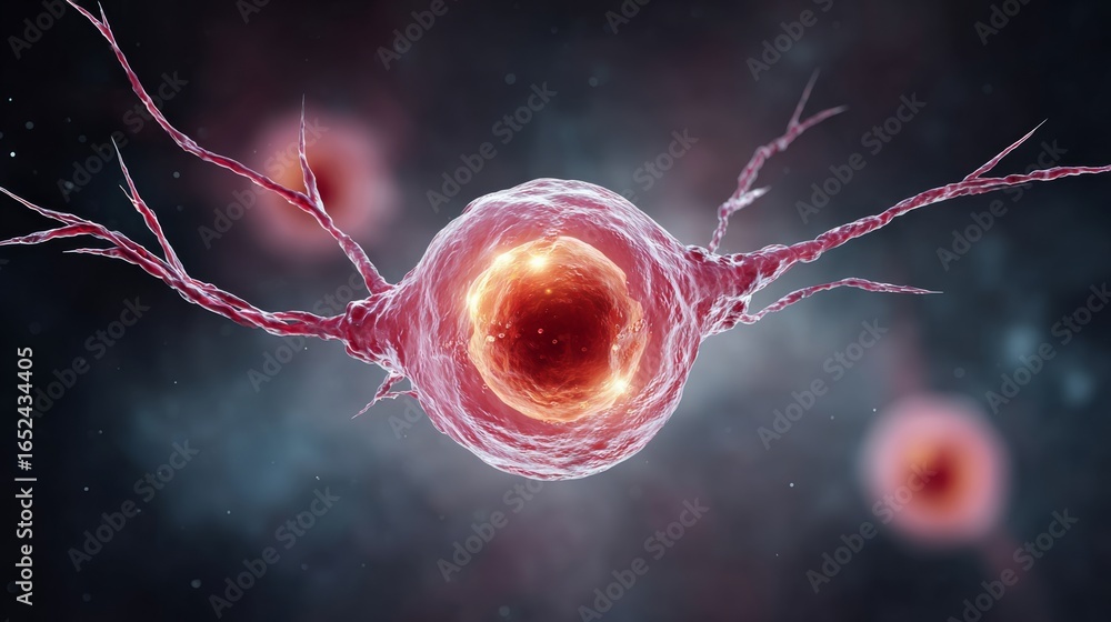Poster small, red and yellow blob is surrounded by a pinkish-purple blob. the red blob is the main focus of