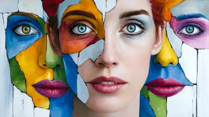 Painting of a woman's face with three different colored eyes. The painting is a representation of the idea that everyone is unique and has their own perspective on the world