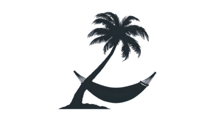 Filled black icon of palm tree with hammock, transparent background