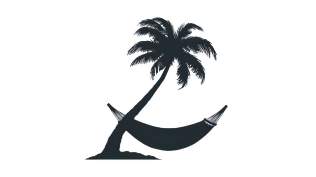 Filled black icon of palm tree with hammock, transparent background
