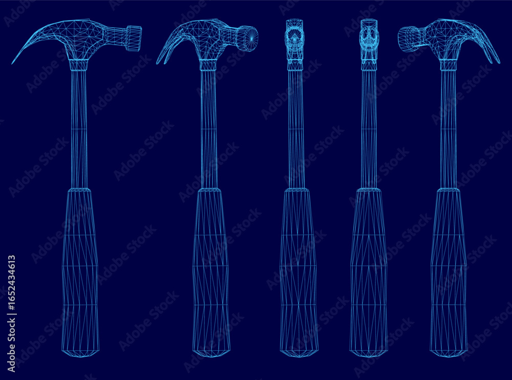 Poster different hammers arranged in a line on a vibrant blue background, each with unique shapes and sizes