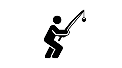Filled black icon of person casting fishing line, transparent background