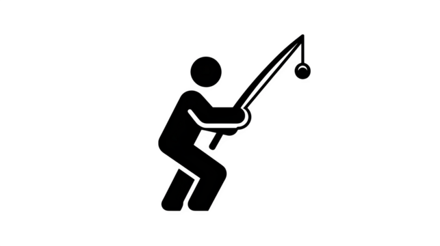 Filled black icon of person casting fishing line, transparent background