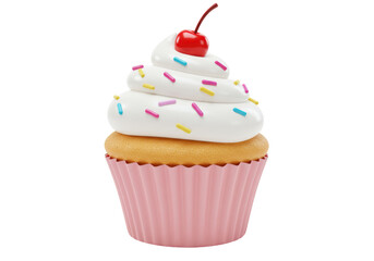 Isolated Vanilla Cupcake with White Cream and Cherry Topping 3D Illustration