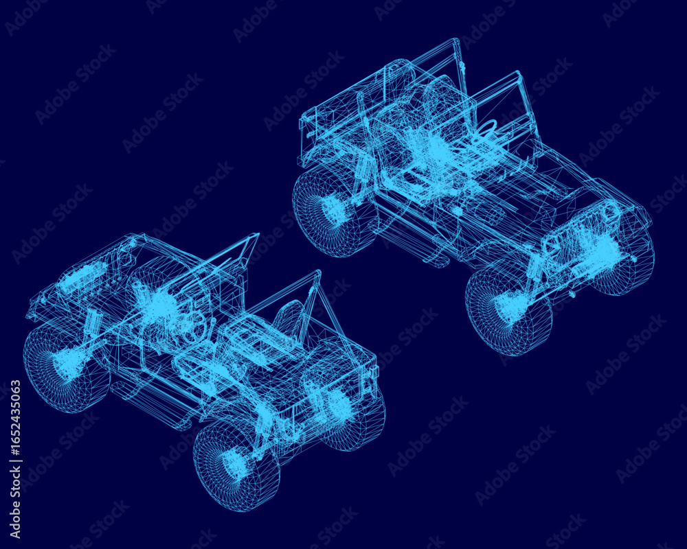 Poster a 3d wireframe model of a rugged suv car displayed on a clean blue background, showcasing detailed b