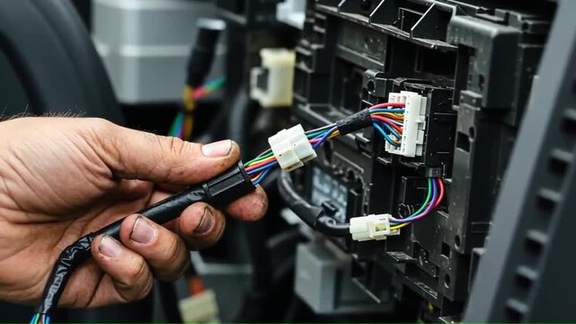 Hand connecting multicolored wires to a black electrical connector