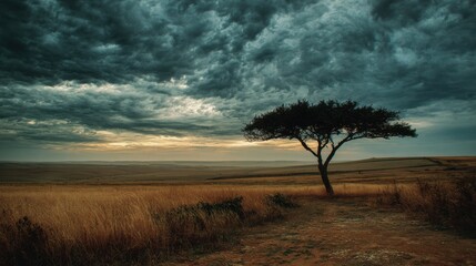 Fototapeta premium Tree in Grassy Field Under Cloudy Sky