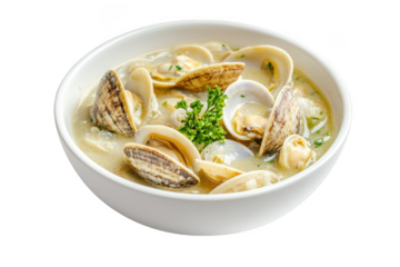 Delicious creamy clam chowder soup in white bowl with parsley garnish seafood dish cuisine still life photography isolated on transparent background