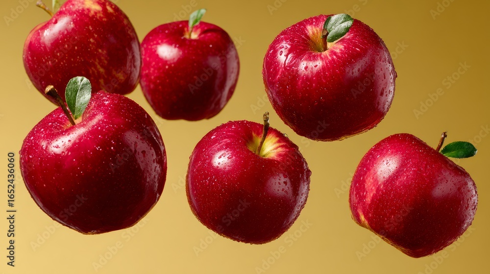 Poster bunch of apples are shown in the air, with one of them having a leaf on top. the apples are red and 