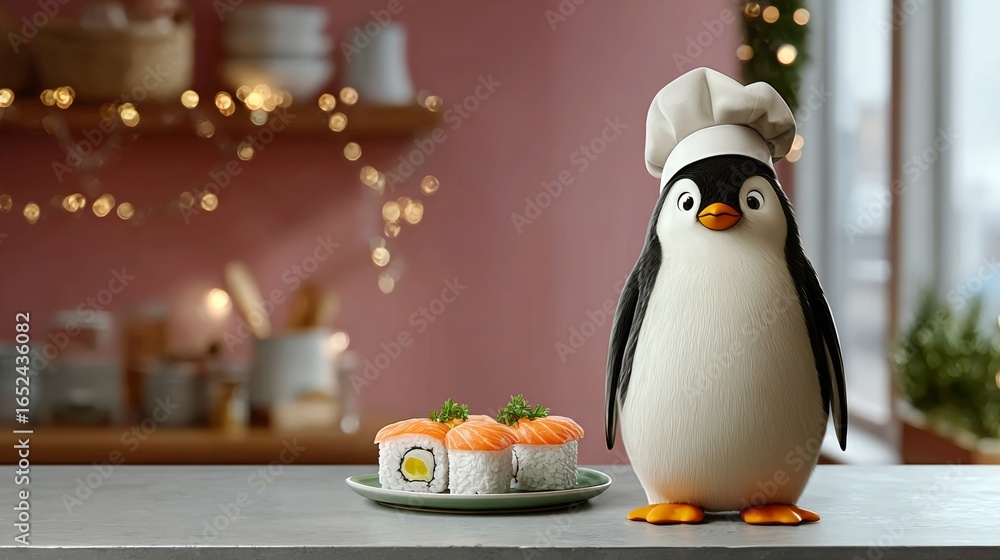 Aufkleber penguin chef stands in front of a plate of sushi. the image conveys a playful and lighthearted mood,