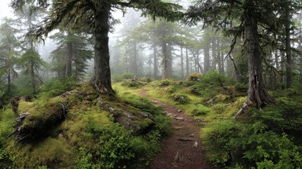 Fototapeta premium Forest Path with Mossy Trees and Mist