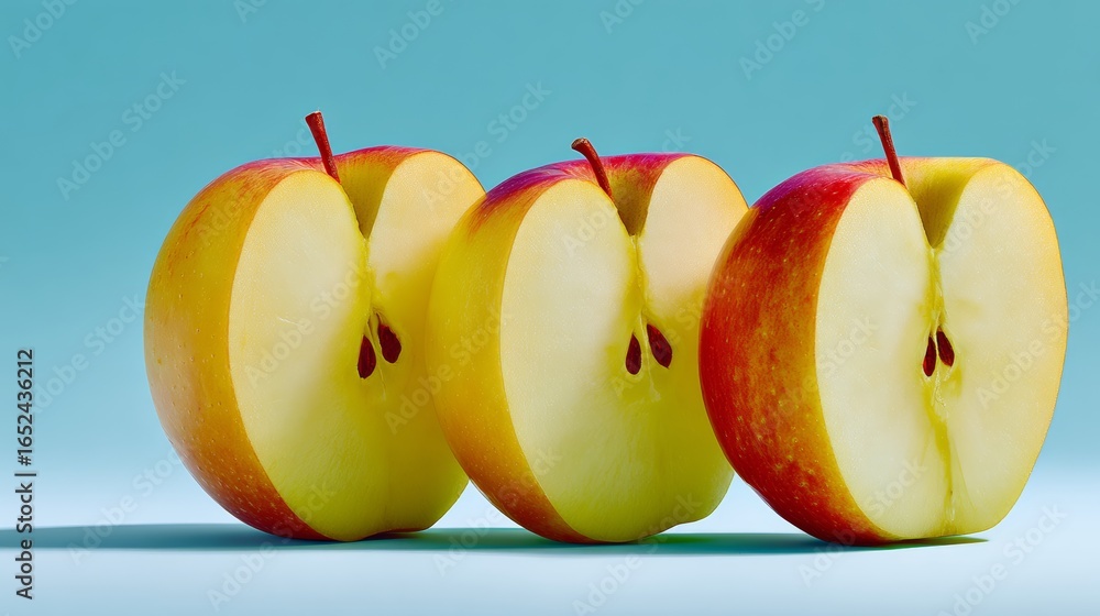 Poster three apples are cut in half and placed on a blue background. the apples are yellow and red, and the