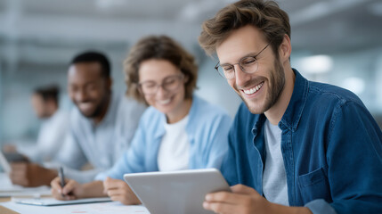 Team of designers working on tablet and sketches.