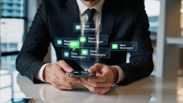 Businessman holding smartphone with multiple holographic new message notifications, symbolizing digital communication overload.