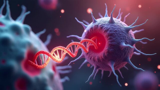 A highly detailed 3D illustration showing a glowing DNA strand transferring between two spiky microscopic cells, representing genetic exchange, biotechnology, or virus infection processes.