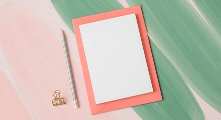 Flat lay of a blank white card on a pink envelope with a silver pen and gold binder clip, set against a pastel pink and green background