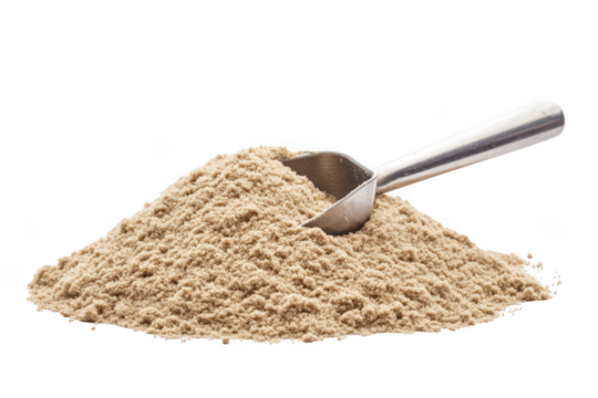 Pile of protein powder with scoop nutrition supplement whey protein powder food supplements health and fitness isolated on transparent background