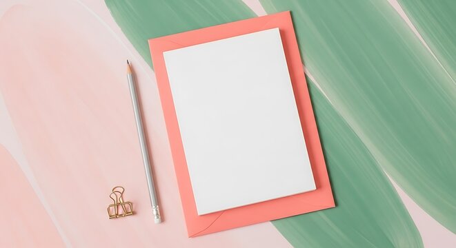 Flat lay of a blank white card on a pink envelope with a silver pen and gold binder clip, set against a pastel pink and green background
