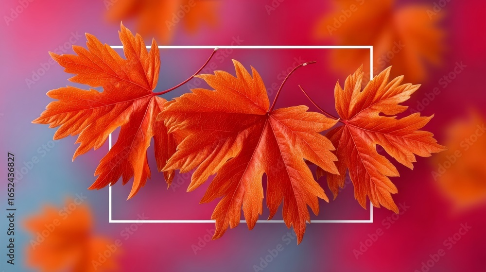 Poster three orange leaves are floating in the air above a red background. the leaves are arranged in a way