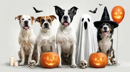 Group of dogs are posing for a Halloween photo with a ghost and pumpkins. The dogs are all different breeds and sizes, and they are all sitting or standing in front of the pumpkins