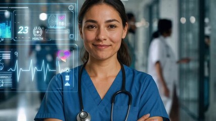 Female healthcare professional doctor with holographic medical data and modern technology display - Powered by Adobe