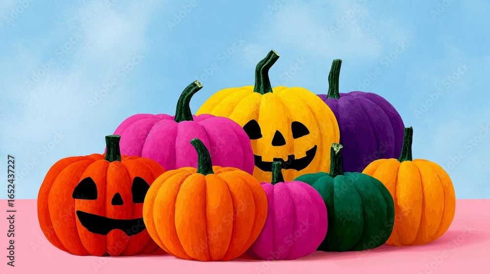 Poster bunch of pumpkins with different colors and one with a black face. the pumpkins are arranged in a ro