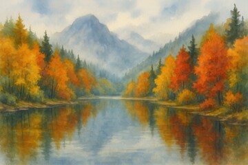 Fototapeta premium Serene Autumn Lake Reflection with Mountain Forest Watercolor Painting