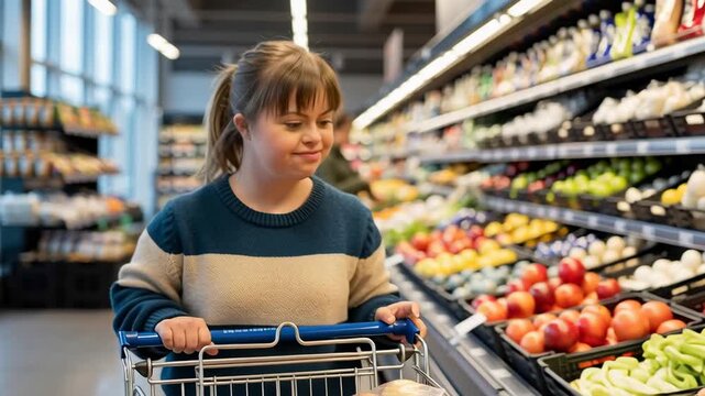 A young woman with down syndrome holds a shopping cart handle in a grocery store, shopping for fresh produce footage. - Powered by Adobe