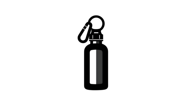 Filled black icon of water bottle with carabiner, transparent background