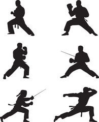 Martial Arts Silhouettes Karate Boxing Fencing Combat Sports Poses vector illustration
