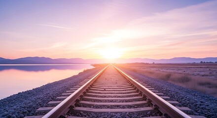 Fototapeta premium Railroad tracks leading towards a bright sunset over a calm lake and distant mountains, symbolizing a journey towards the future