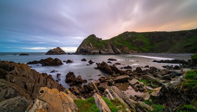 A tranquil coastal scene showcases dramatic rock formations at the edge of a serene bay, bathed in soft, muted light.