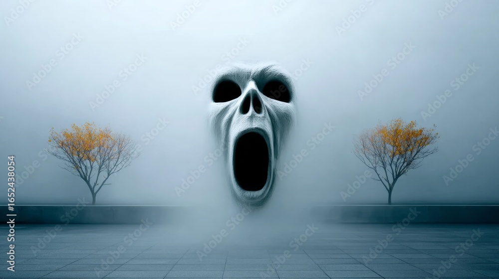 Poster scary face with a mouth open and a tree in the background. scene is eerie and unsettling