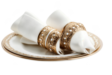Elegant table setting with white napkins, gold napkin rings and decorative plate for fine dining decor isolated on transparent background