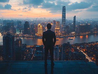Confident entrepreneur overlooking a bustling city skyline