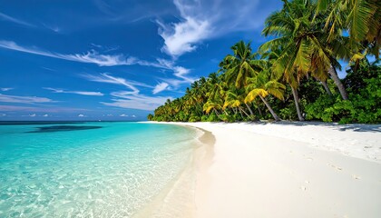 A pristine white sand beach with turquoise water and lush palm trees under a blue sky.