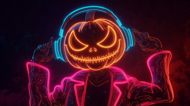 Halloween neon Jack-O’-Lantern with technology style wearing headphone on dark background 