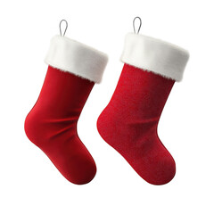 Two red christmas stockings with white fur trim hanging holiday decoration celebration festive season xmas isolated on transparent background
