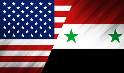 Flags of united states and syria divided with a harsh angle
