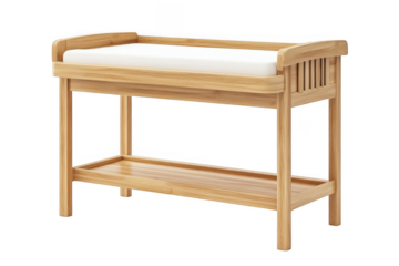 Wooden baby changing table with storage shelf nursery furniture organizer station for diapering essentials and comfort pad isolated on transparent background