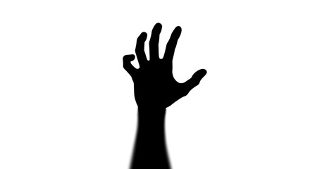 Obraz premium A silhouetted hand with fingers slightly curved extends upward from a dark arm against a white background