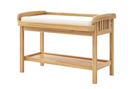 Wooden baby changing table with storage shelf nursery furniture organizer station for diapering essentials and comfort pad isolated on transparent background