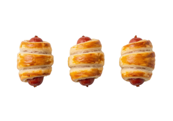 Three perfectly baked miniature pigs in a blanket with golden-brown flaky puff pastry on a clean, seamless transparent studio background with no shadows, pristine commercial food photography concept